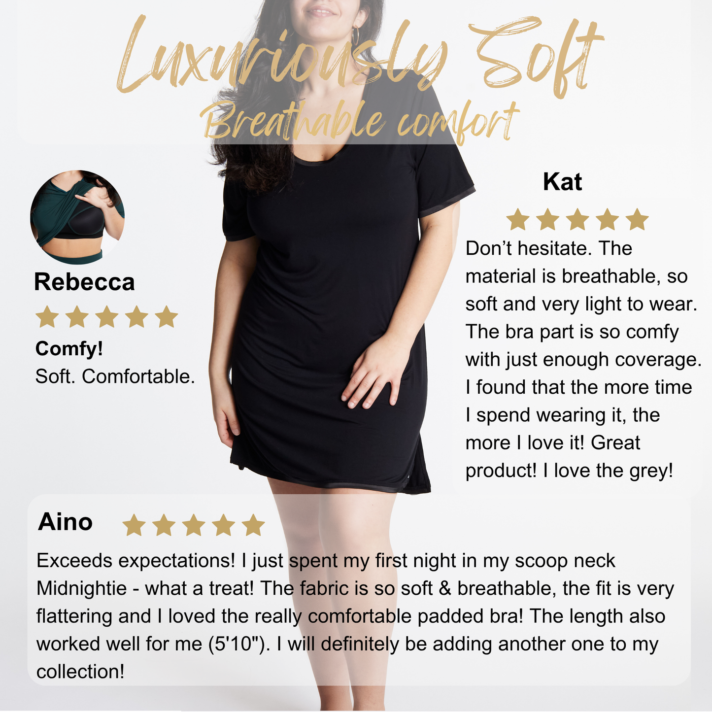 Scoop-neck MidNightie with lightly padded, bra-like support, Bamboo knee-length nightgown