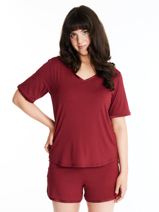 V-neck T with lightly padded, bra-like support & matching Muffin-free shorts in luxuriously soft, breathable bamboo (Rouge Noir)