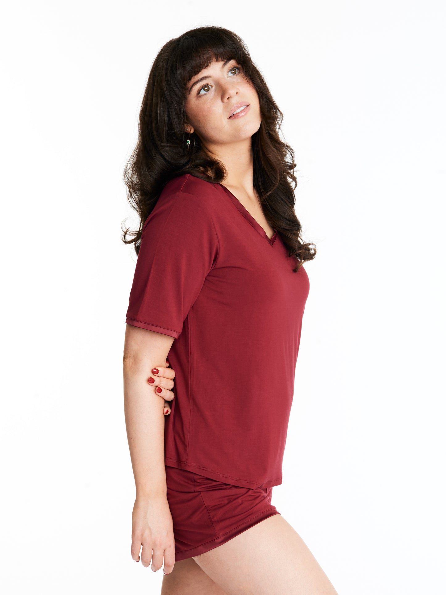 Scoop-neck T with lightly padded, bra-like support & matching Muffin-free shorts in luxuriously soft, breathable bamboo (Rouge Noir)