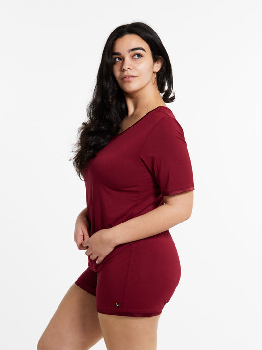 Scoop-neck T with lightly padded, bra-like support & matching Muffin-free shorts in luxuriously soft, breathable bamboo (Rouge Noir)