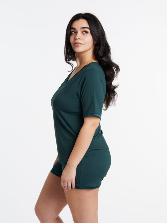 V-neck T with lightly padded, bra-like support & matching Muffin-free shorts in luxuriously soft, breathable bamboo (Dusky Jade)