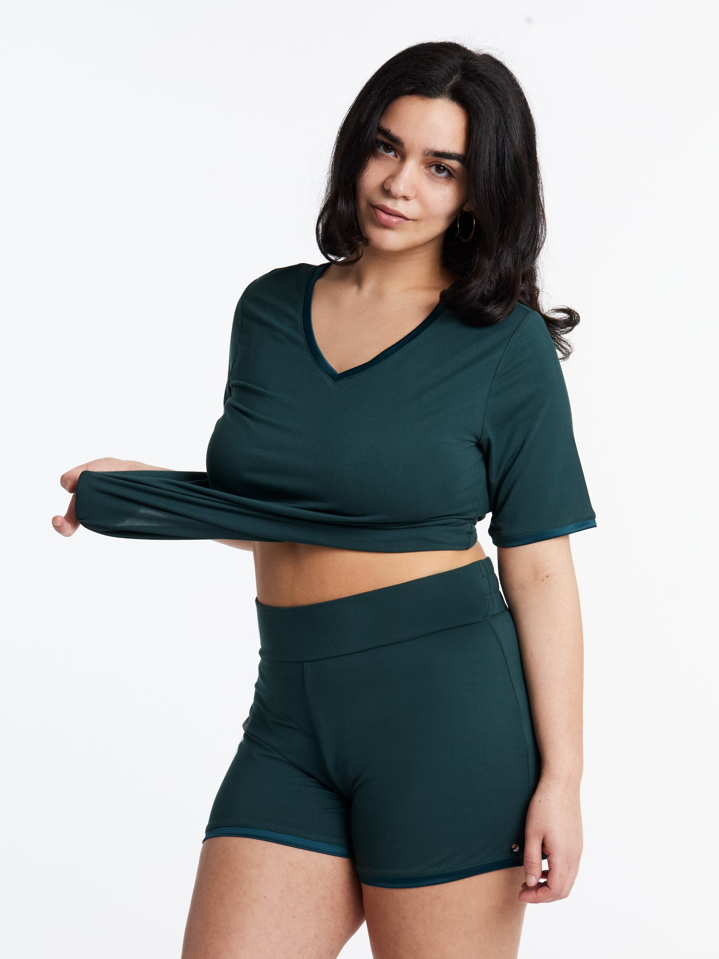 V-neck T with lightly padded, bra-like support & matching Muffin-free shorts in luxuriously soft, breathable bamboo (Dusky Jade)