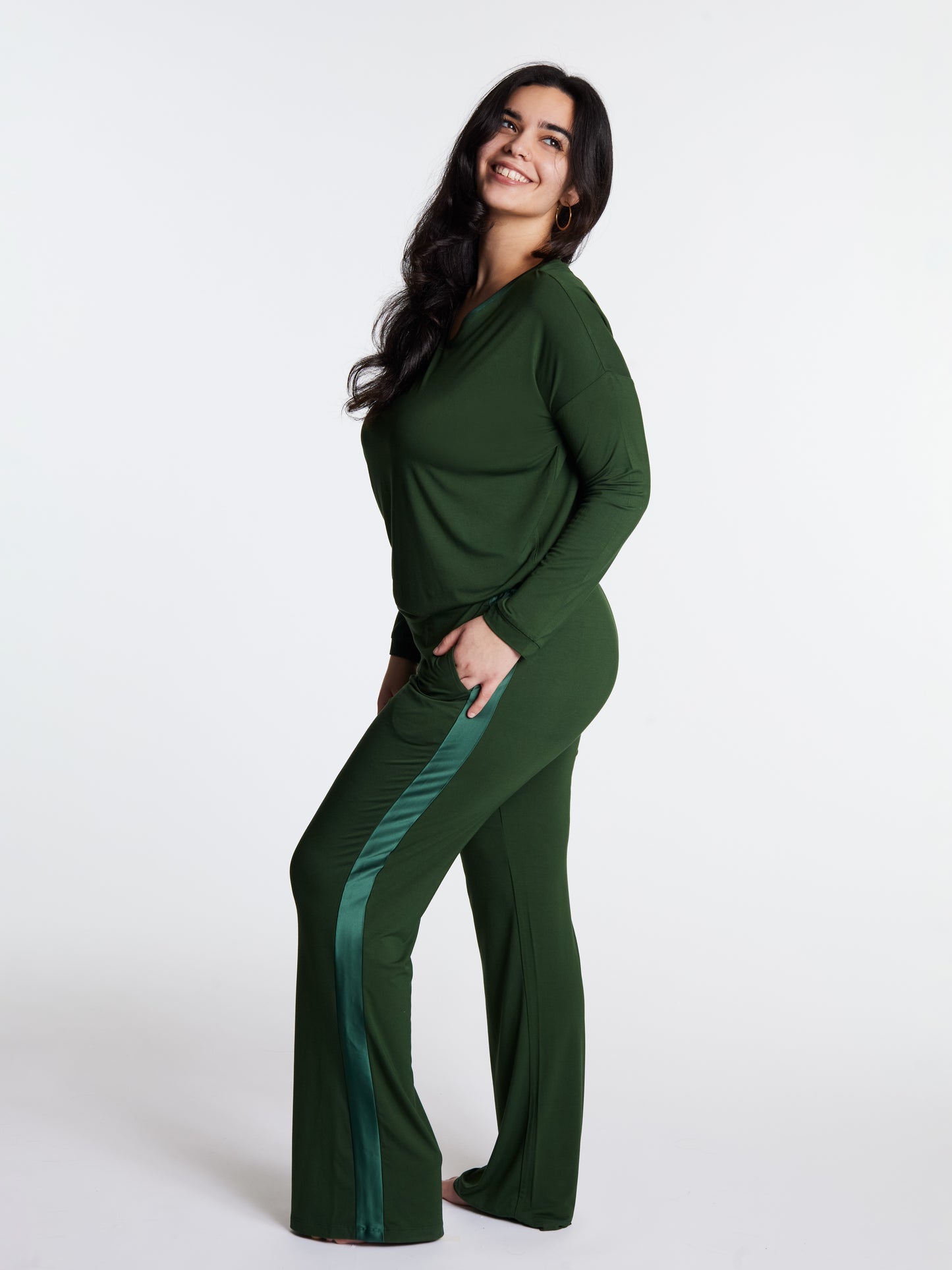 Tuxedo striped Long-Sleeve V-neck & Pants bamboo sleepwear, w lightly padded bra-like support (Forest Whisper)