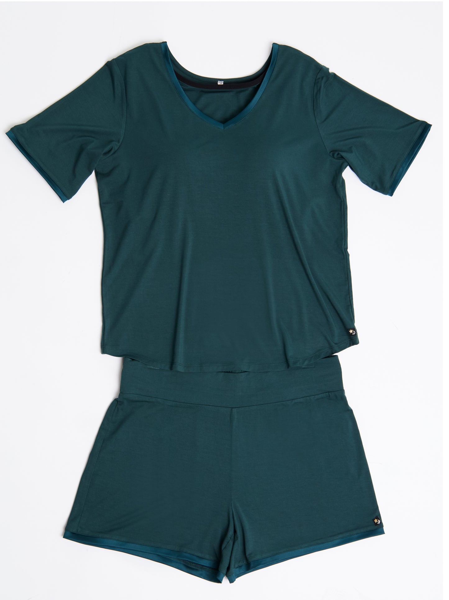 Flat Lay V neck Midnighties shorts set in Dusky Jade