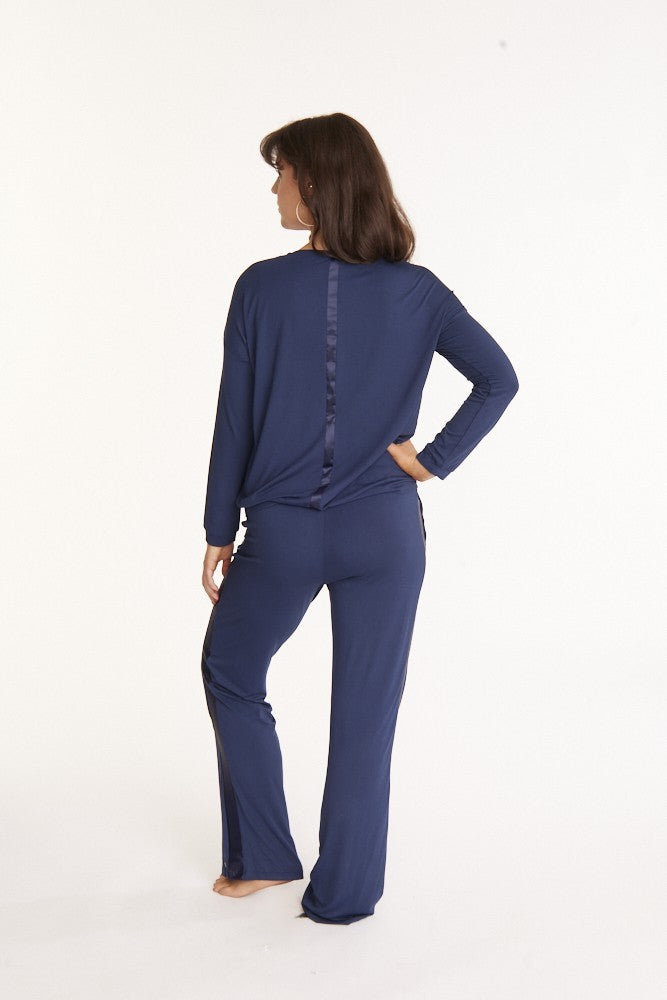 Tuxedo striped Long-Sleeve V-neck & Pants bamboo sleepwear, w lightly padded bra-like support (Night Sky)