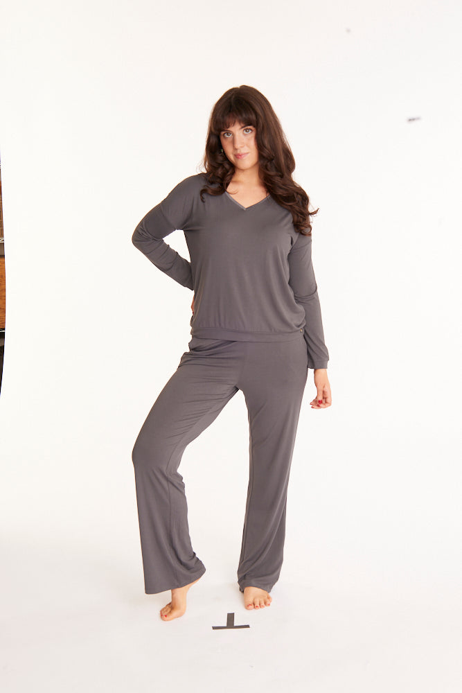 Tuxedo striped Long-Sleeve V-neck & Pants bamboo sleepwear, w lightly padded bra-like support (Moonshadow)