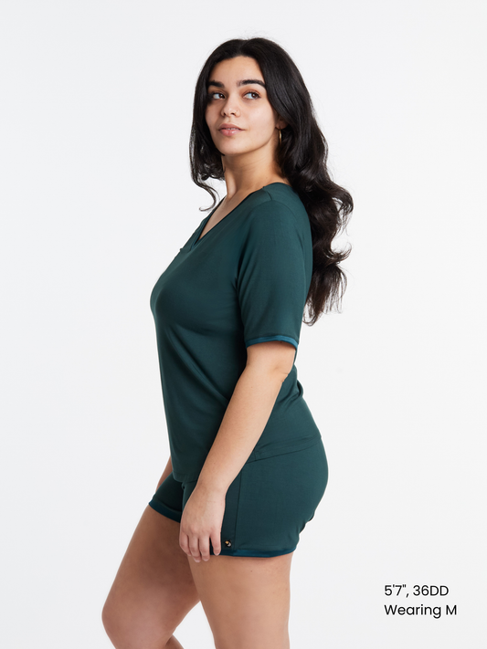 Women in V neck Midnighties shorts set in Dusky Jade