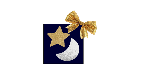 Picture of the Midnighties blue star moon logo with a gold bow