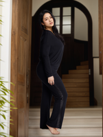 Woman in midnighties tuxedo set in color Midnight