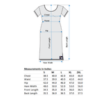 Measurement chart for the Midnightie with labeled parts and size chart on a white background