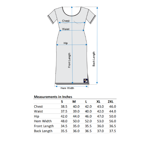 Measurement chart for the Midnightie with labeled parts and size chart on a white background