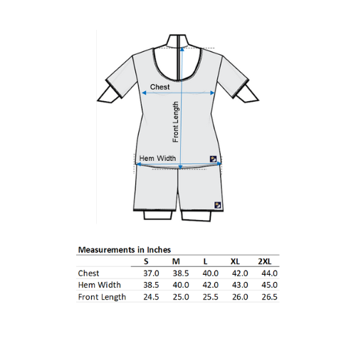 Measurement chart for Scoop neck T with labeled parts and size chart on a white background