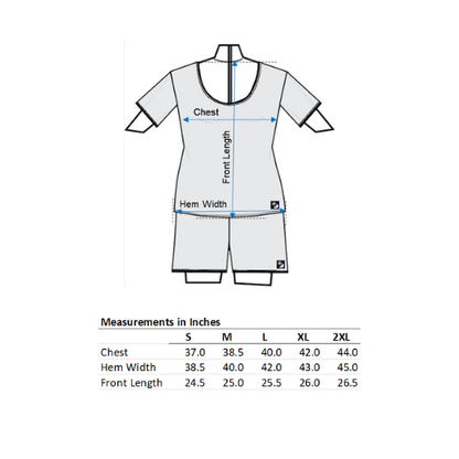 Measurement chart for Scoop neck T with labeled parts and size chart on a white background