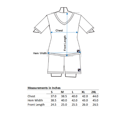 Measurement chart for V Neck Midnighties T shirt with size chart below.