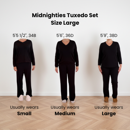 3 models S, M, L wearing a Midnighties Large Tuxedo set for comparison