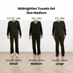 3 models - S, M, L wearing Midnighties Tuxedo set in a Medium for comparison