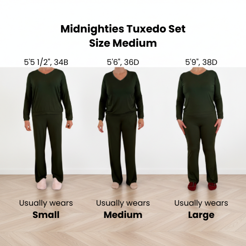 3 models - S, M, L wearing Midnighties Tuxedo set in a Medium for comparison