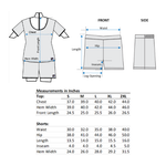 Measurement chart for Scoop neck T and shorts set with dimensions in inches.