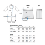 Measurement chart for V Neck T and shorts set with dimensions labeled.