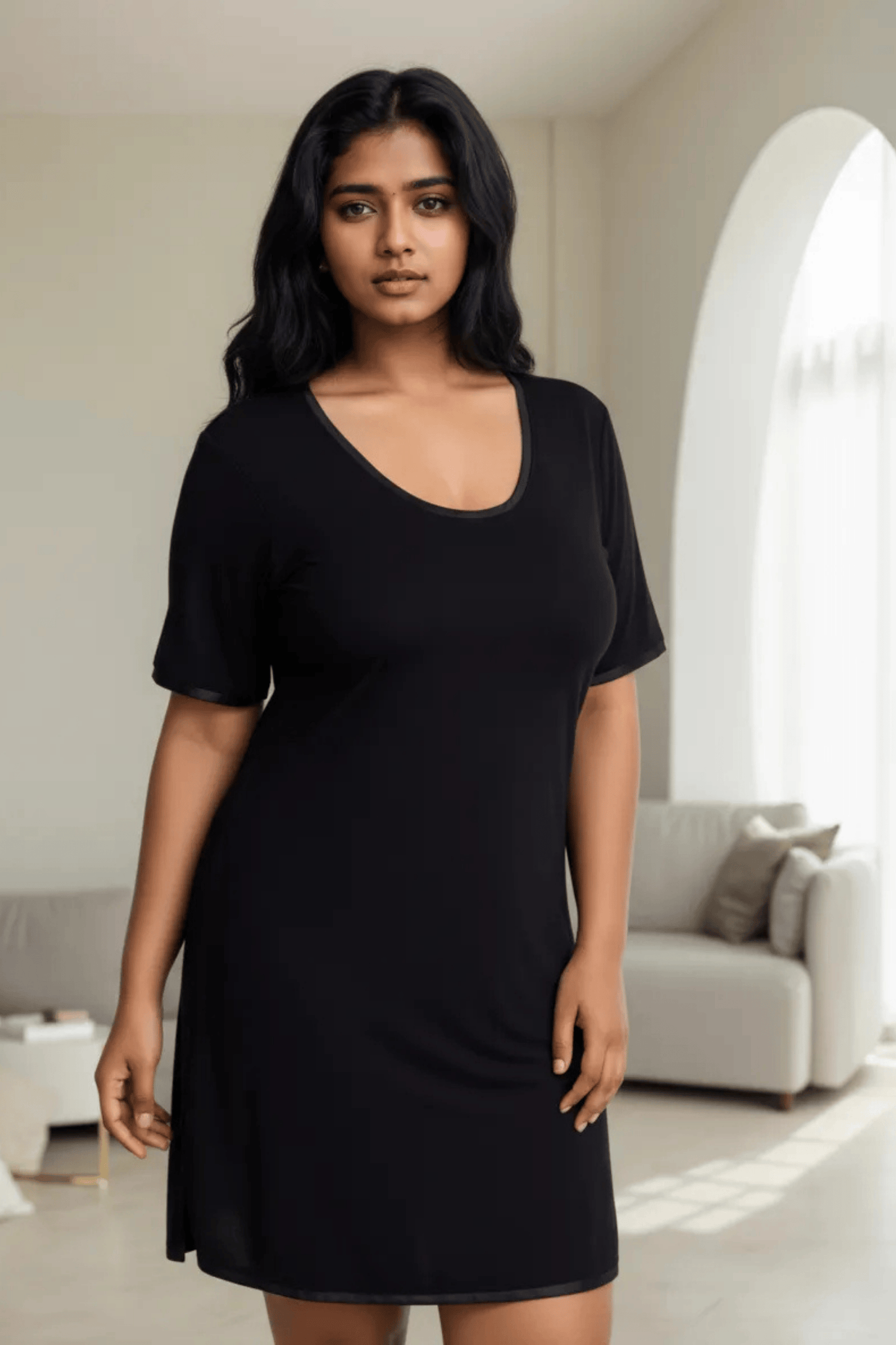 Scoop-neck MidNightie with lightly padded, bra-like support, Bamboo knee-length nightgown