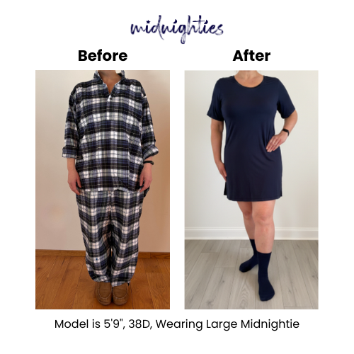 Before and After of a woman in the Midnightie vs generic pajamas