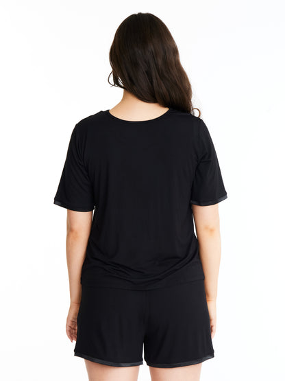 V-neck T with lightly padded, bra-like support & matching Muffin-free shorts in luxuriously soft, breathable bamboo (Midnight)