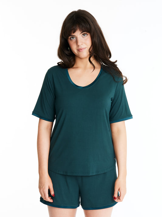 Scoop-neck T with lightly padded, bra-like support & matching Muffin-free shorts in luxuriously soft, breathable bamboo (Dusky Jade)