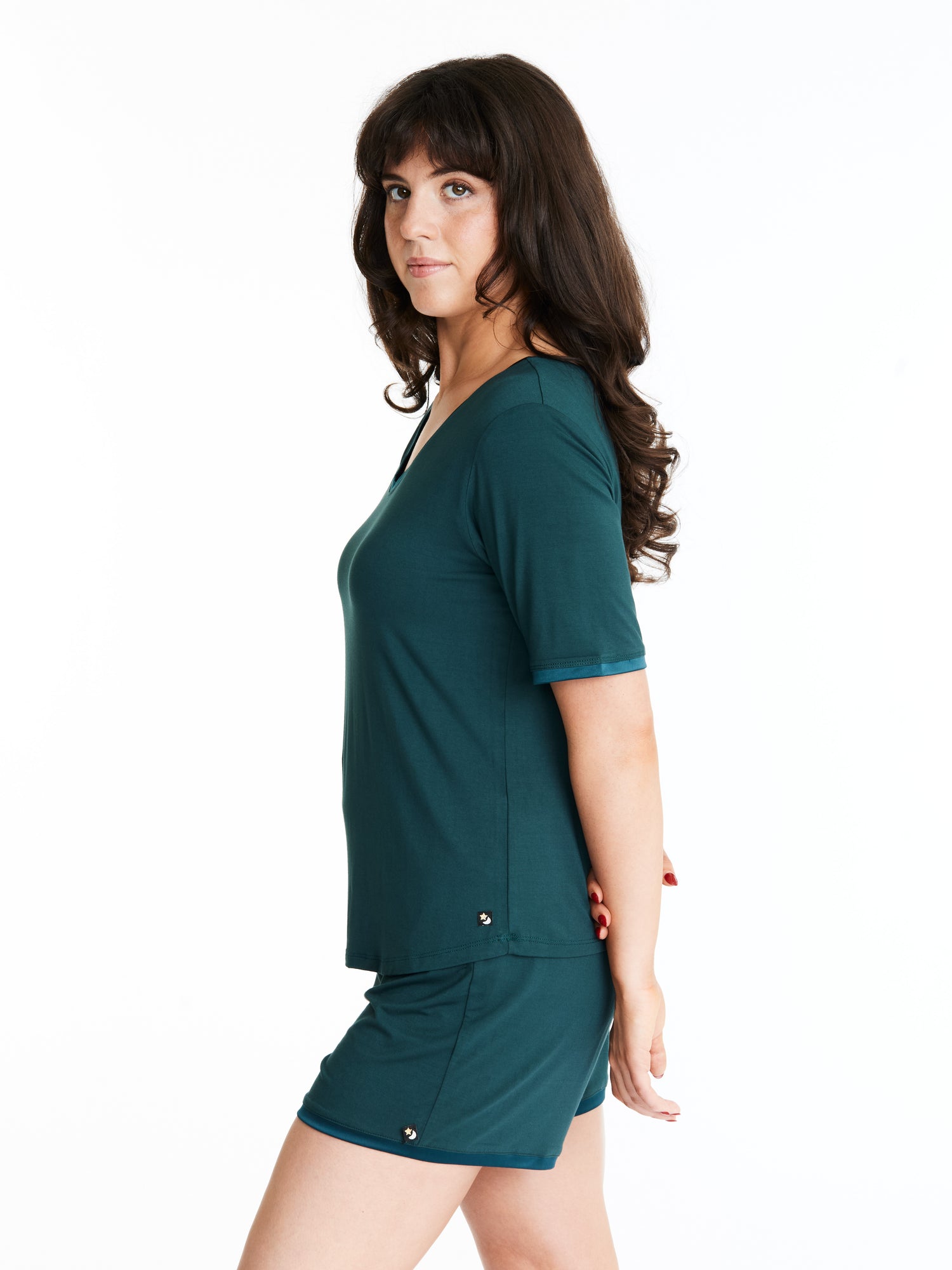 Woman in Midnighties Scoop neck shorts set in color Dusky Jade