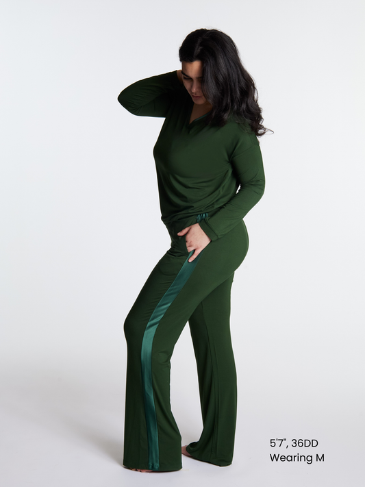 Woman in midnighties tuxedo set in color Forest Whisper