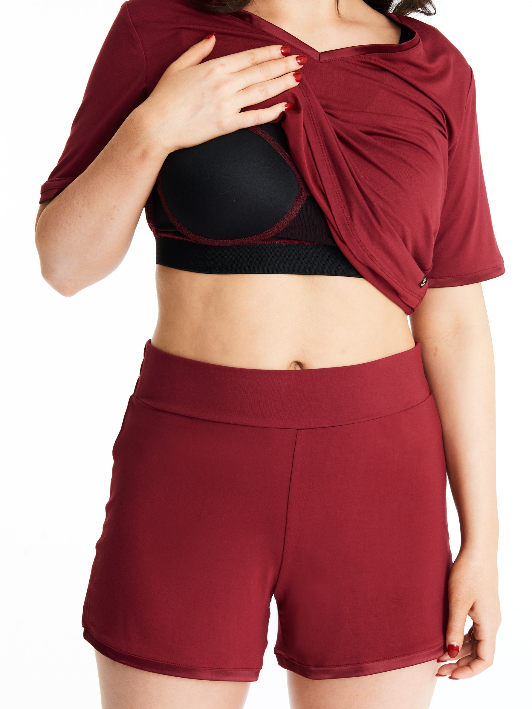 Women in V neck Midnighties shorts set in Rouge Noir showing built-in padded support