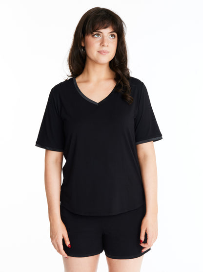 V-neck T with lightly padded, bra-like support & matching Muffin-free shorts in luxuriously soft, breathable bamboo (Midnight)