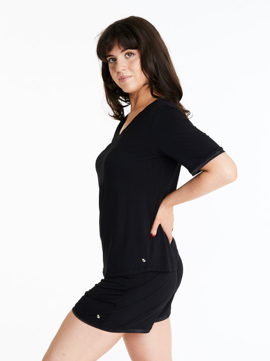 V-neck T with lightly padded, bra-like support & matching Muffin-free shorts in luxuriously soft, breathable bamboo (Midnight)
