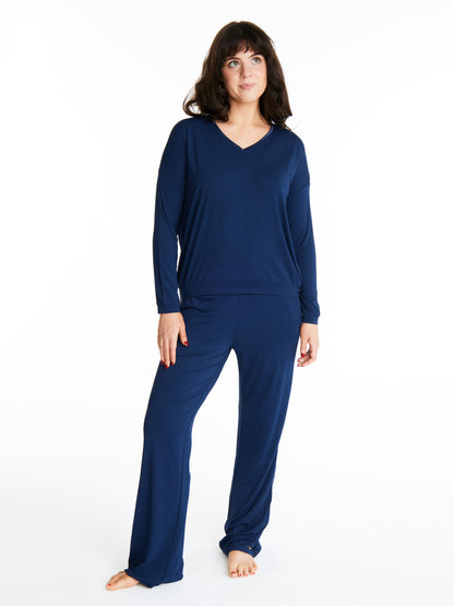 Tuxedo striped Long-Sleeve V-neck & Pants bamboo sleepwear, w lightly padded bra-like support (Night Sky)