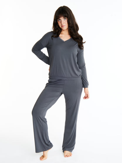 Tuxedo striped Long-Sleeve V-neck & Pants bamboo sleepwear, w lightly padded bra-like support (Moonshadow)