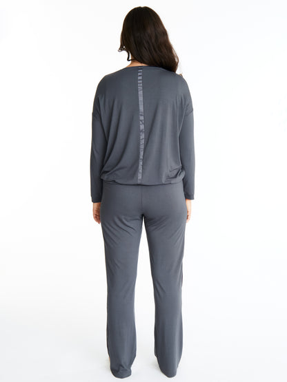 Tuxedo striped Long-Sleeve V-neck & Pants bamboo sleepwear, w lightly padded bra-like support (Moonshadow)