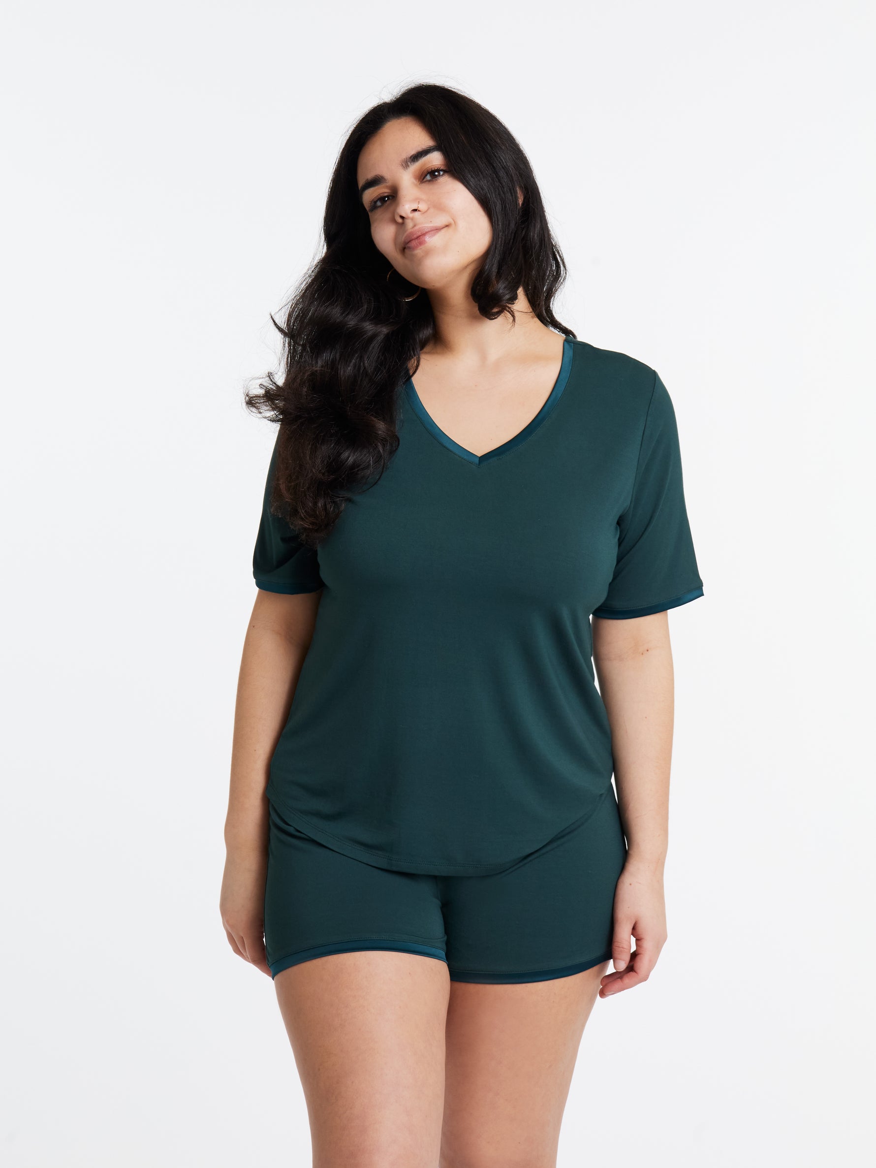Women in V neck Midnighties shorts set in Dusky Jade