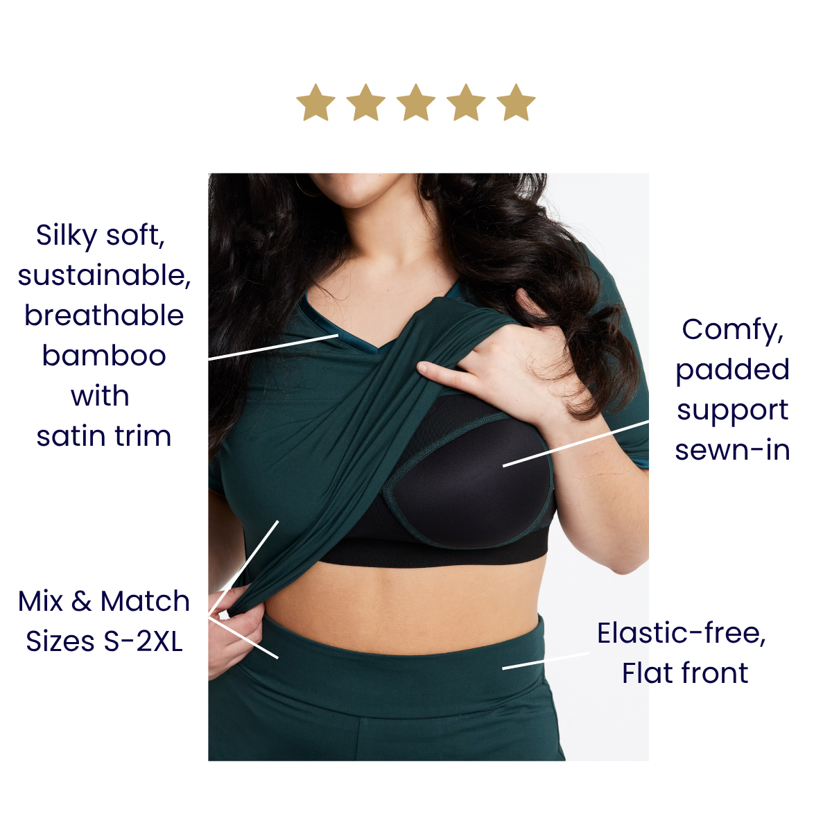 V-neck T with lightly padded, bra-like support, Bamboo sleepwear