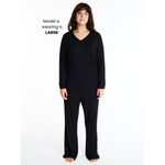Woman in Midnighties Tuxedo-striped lounge set in color Midnight