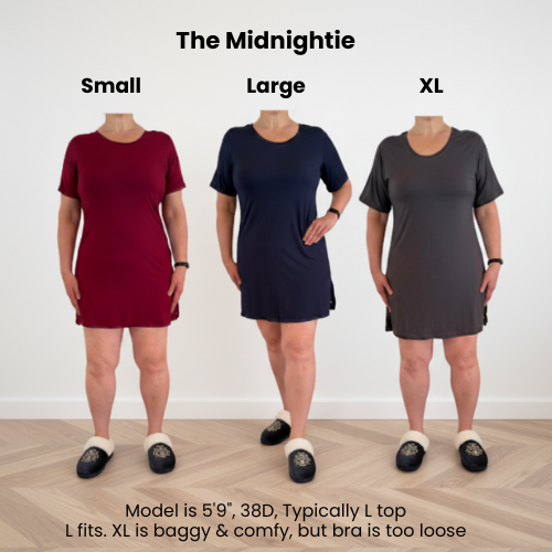 a Woman in the S, L and XL Midnightie for size comparisons