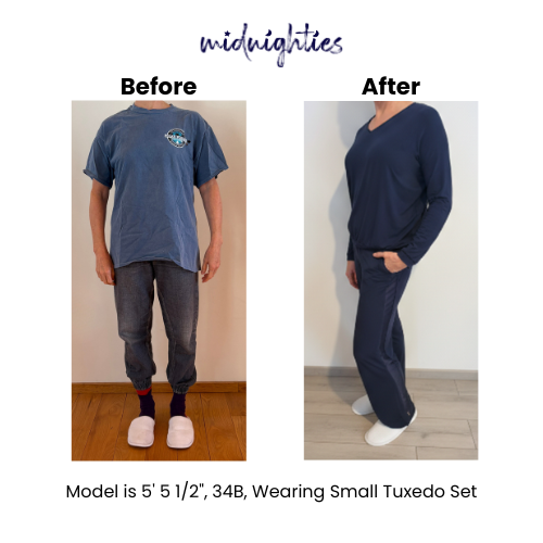 Before and after of a woman in Midnighties vs generic pajamas