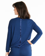 Woman in Midnighties long sleeve Tuxedo-striped top in color Night Sky