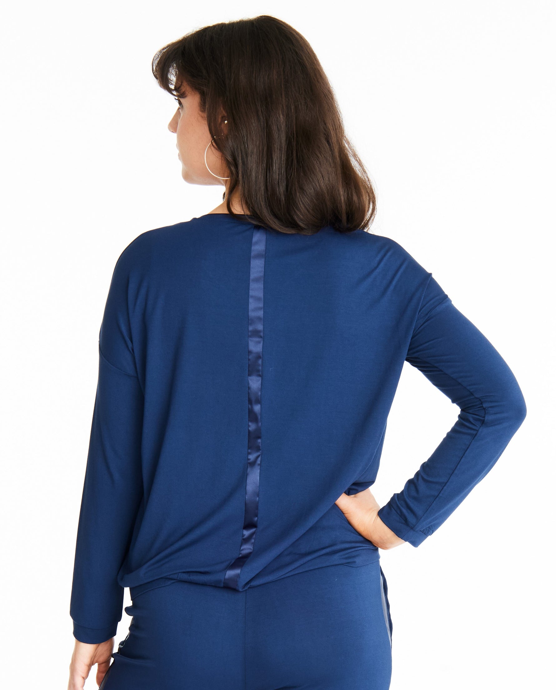 Woman in Midnighties long sleeve Tuxedo-striped top in color Night Sky
