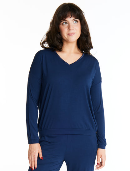 Tuxedo striped Long-Sleeve V-neck w lightly padded bra-like support, Bamboo