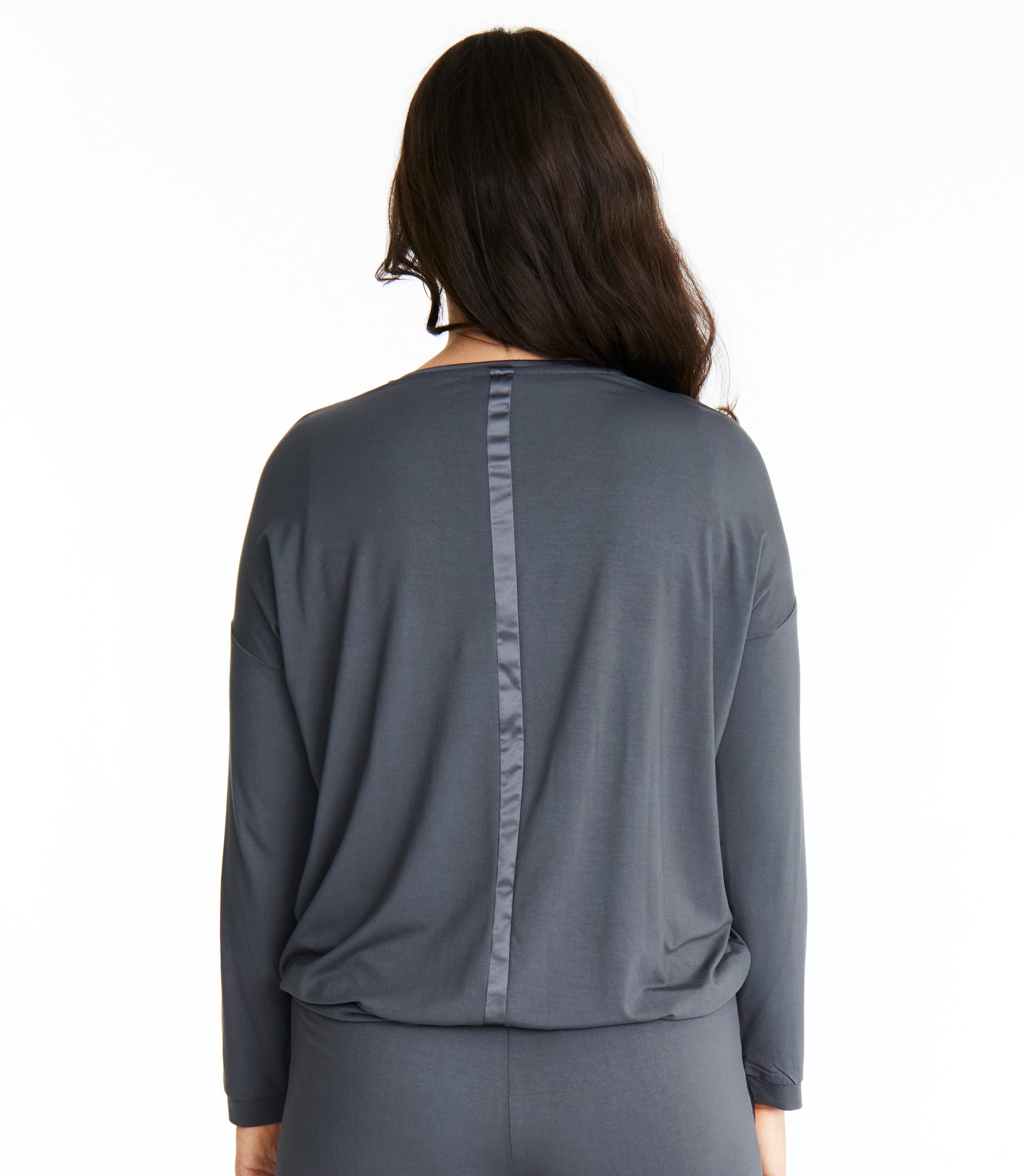 Woman in Midnighties long sleeve Tuxedo-striped top in color Moonshadow