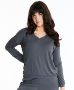 Woman in Midnighties long sleeve Tuxedo-striped top in color Moonshadow