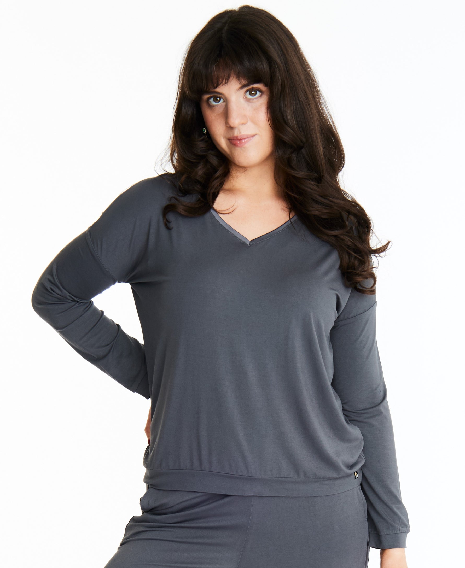 Woman in Midnighties long sleeve Tuxedo-striped top in color Moonshadow