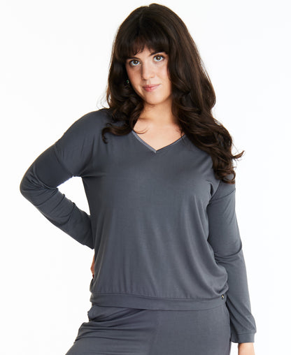 Tuxedo striped Long-Sleeve V-neck w lightly padded bra-like support, Bamboo