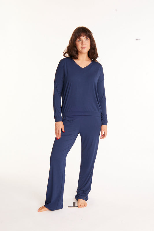 Tuxedo striped Long-Sleeve V-neck & Pants bamboo sleepwear, w lightly padded bra-like support (Night Sky)