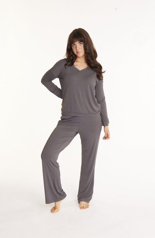 Tuxedo striped Long-Sleeve V-neck & Pants bamboo sleepwear, w lightly padded bra-like support (Moonshadow)