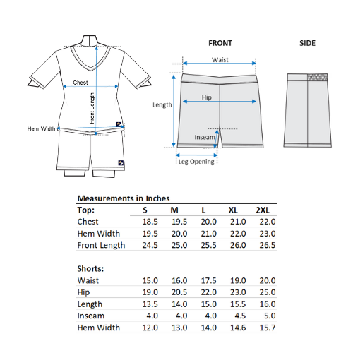 Measurement chart for V neck T and shorts set with labeled parts and size chart.
